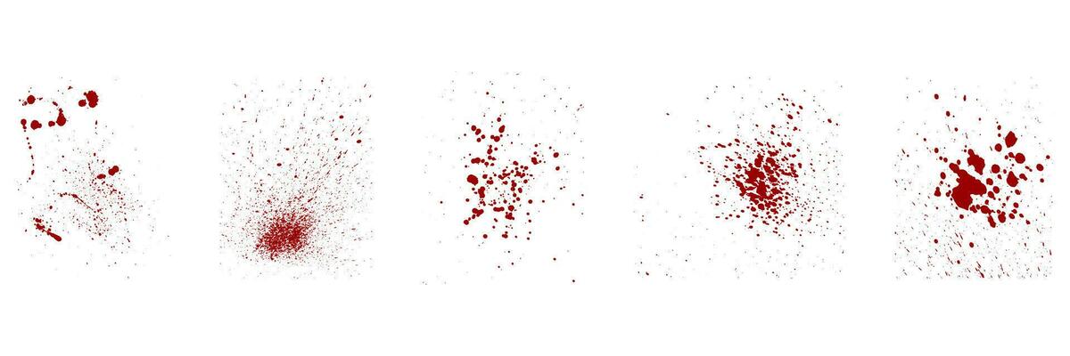 Paint Brush Abstract Splatter Collection. Blood Stain Set. Red Splat, Grunge Texture. Drop Spatter, Ink Spray. Horror Bloodstain Splash on White Background. Isolated Vector Illustration.