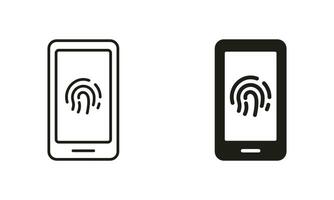 Touch ID in Smartphone Pictogram. Finger Print Scanner, Biometric Identity Symbol Collection. Fingerprint Identification in Mobile Phone Line and Silhouette Icon Set. Isolated Vector Illustration.