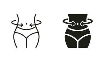 Female Body Slimming Symbol Collection. Shape Waistline Control. Slimming Waist Line and Silhouette Black Icon Set. Woman Loss Weight Pictogram. Isolated Vector Illustration.