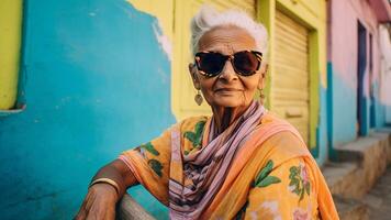 de moda retrato de un mayor mujer vistiendo Gafas de sol, ai generativo foto