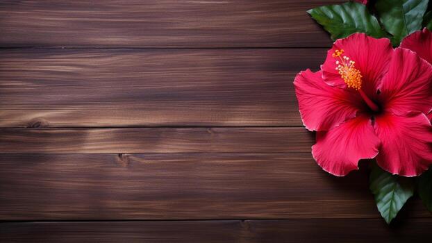 hibisco flor en madera antecedentes con Copiar espacio, ai generativo foto