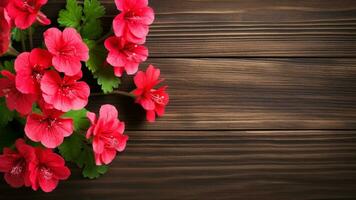 geranio pelargonio flor en madera antecedentes con Copiar espacio, ai generativo foto