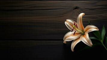 Beautiful Lily Flower on Wood Background with Copy Space, AI Generative photo