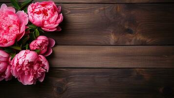 peonía flor en de madera antecedentes con Copiar espacio, ai generativo foto