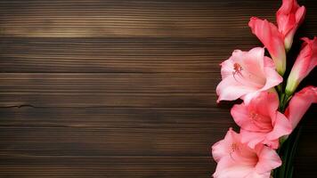 gladiolo flor en un madera antecedentes con Copiar espacio, ai generativo foto