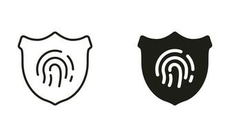 Fingerprint with Shield Line and Silhouette Icon Set. Biometric Identification Symbol Collection. Privacy Protection Pictogram. Password Access by Identity Finger Print. Isolated Vector Illustration.