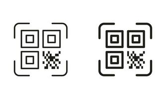 qr código escáner línea y silueta negro icono colocar. escanear Código QR pictograma. tecnología solicitud para identificación producto símbolo recopilación. instrucción a obtener información aislado vector ilustración.