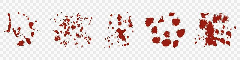 Blood Splatter Set. Drop Splash Collection. Paint Stain Texture. Red Ink Spatter. Grunge Pattern. Bloodstain Splat. Abstract Design Element on Transparent Background. Isolated Vector Illustration.