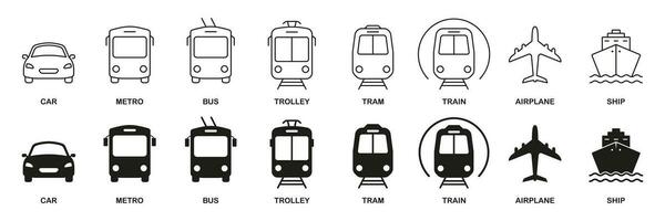Public Transport Line and Silhouette Icon Set. Vehicle Types Pictogram. Car, Bus, Train, Metro, Ship, Railway, Air Transportation, Plane Symbol Collection. Road Sign. Isolated Vector Illustration.