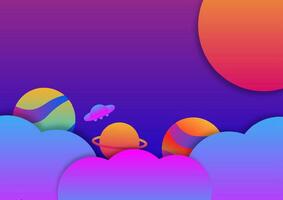 Science and technology concept. Space with a planet and UFO on purple and blue background. vector