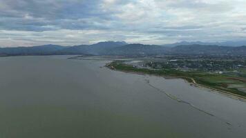 aerial view of Drought hit Lake Limboto, Gorontalo, Indonesia video