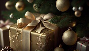 Golden present wrapped in festive Christmas decor generated by AI photo