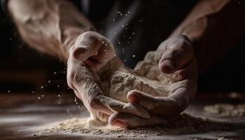 Close up of hand mixing fresh dough for homemade bread generated by AI photo