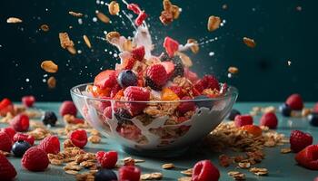 gastrónomo Granola cuenco Fresco bayas y crujiente Almendras generado por ai foto