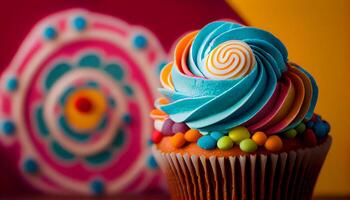 Multi colored cupcakes with sweet icing and decoration generated by AI photo