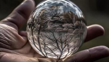 Hand holding fragile sphere, nature magnified detail generated by AI photo