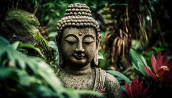 Meditating Buddha statue amidst lush green forest generated by AI photo
