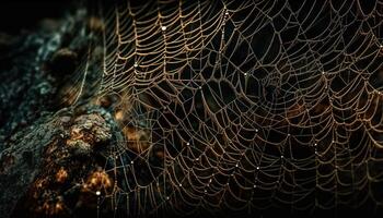 Glowing spider web traps dew drops perfectly generated by AI photo