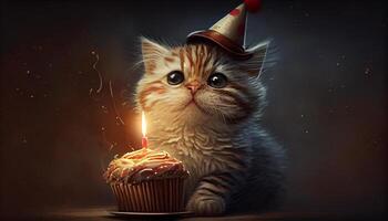Cute kitten enjoys birthday celebration with candle flame , photo