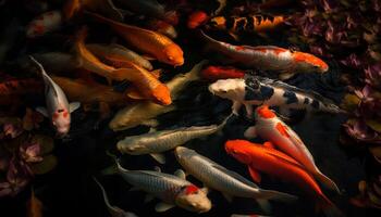 Beautiful multi colored koi carp swim in pond generated by AI photo