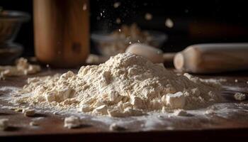 Homemade bread dough prepares for rustic baking generated by AI photo