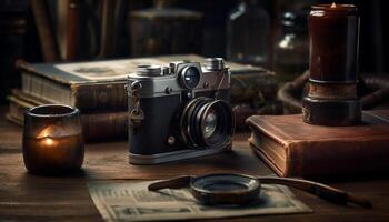 Antique camera on leather table exudes nostalgia generated by AI photo