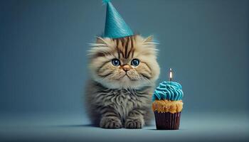 Cute kitten enjoys birthday cupcake with candle , photo