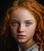 Young adult redhead looking at camera, cute generated by AI photo