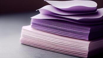 Stack of purple paperwork on table top generated by AI photo