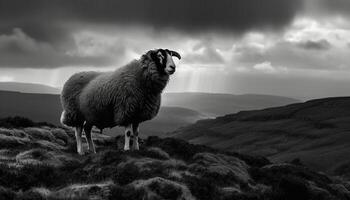 Flock of sheep grazing on mountain meadow generated by AI photo