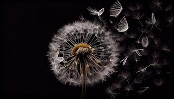 Fluffy dandelion seed blowing in the wind macro , photo