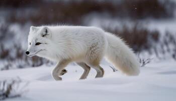 Fluffy red fox walking in winter forest generated by AI photo