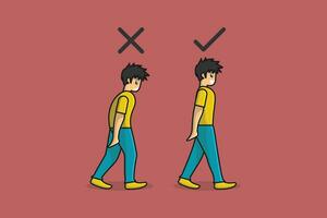 Wrong and Correct Positions For Walk vector illustration. People healthcare icon concept. Movement animation of the character vector design.