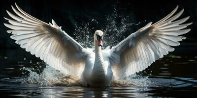 a Shining white feathered swan sitting on a green lake, AI Generative photo