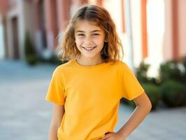 Cute little girl wearing blank empty yellow t-shirt mockup for design template, AI Generated photo