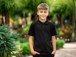 Cute boy wearing blank empty black polo t-shirt mockup for design template,AI Generated photo