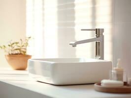 Modern white clean wash basin and faucet with morning sunlight in bathroom photo