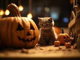 Halloween pumpkin with cat on wooden table top with blurred night scene background, AI Generated photo