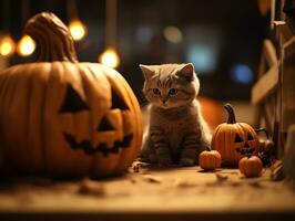 Víspera de Todos los Santos calabaza con gato en de madera mesa parte superior con borroso noche escena fondo, ai generado foto