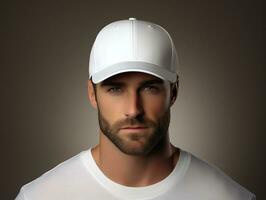 A man wearing blank empty white cap mockup for design template,AI Generated photo