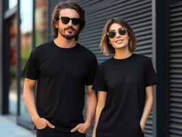 A couple boyfriend and girlfriend wearing blank black matching t-shirts mockup for design template, AI Generated photo