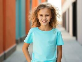 linda pequeño niña vistiendo blanco vacío azul camiseta Bosquejo para diseño plantilla, ai generado foto