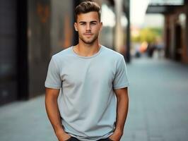 attractive man wearing blank empty grey t-shirt mockup for design template, AI Generated photo