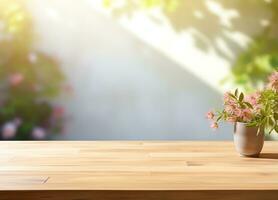 Abstract blank wooden tabletop over blurred green plant in garden background with morning sunlight, AI Generated photo