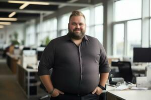 Plus size manager businessman CEO confident and standing front of modern office,AI Generated photo