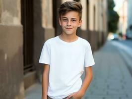 Cute boy wearing blank empty white t-shirt mockup for design template,AI Generated photo