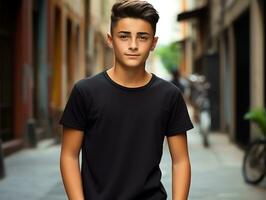 Cute boy wearing blank empty black t-shirt mockup for design template,AI Generated photo