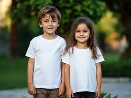 Cute sibling or friend, boy and girl wearing blank empty white tshirt mockup for design template,AI Generated photo