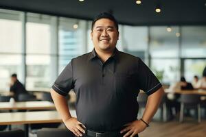 Plus size manager asian businessman confident and standing front of modern office,AI Generated photo