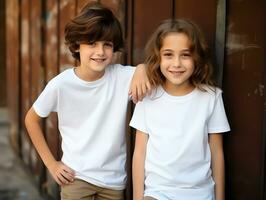 linda hermano o amigo, chico y niña vistiendo blanco vacío blanco camiseta Bosquejo para diseño plantilla, ai generado foto